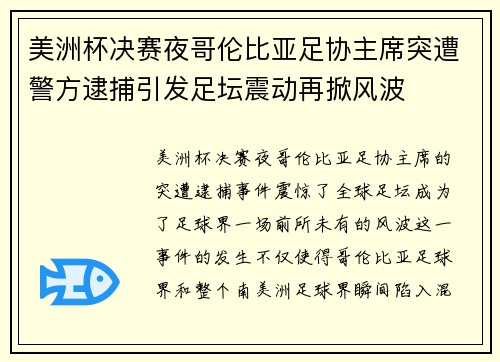 美洲杯决赛夜哥伦比亚足协主席突遭警方逮捕引发足坛震动再掀风波