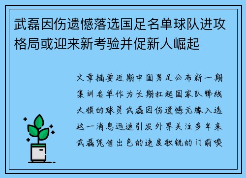 武磊因伤遗憾落选国足名单球队进攻格局或迎来新考验并促新人崛起