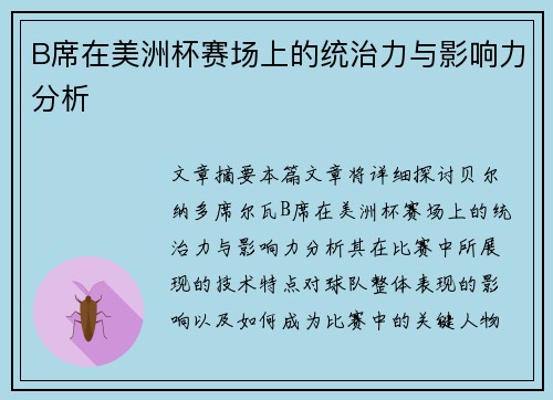 B席在美洲杯赛场上的统治力与影响力分析